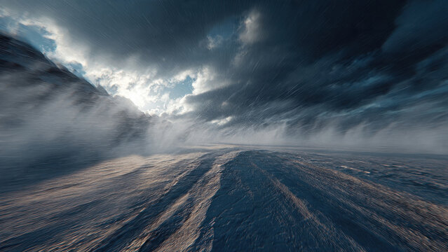 powerful katabatic winds sweeping across Antarctic valley, dust and ice particles flying violently, hyper-realistic motion, dram 