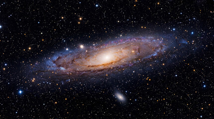 Fototapeta premium Stunning wide-field view of the Andromeda Galaxy, a spiral galaxy with a bright core and dark dust lanes, surrounded by countless stars in the vast cosmos.