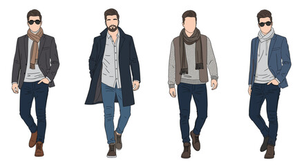 Obraz premium Group of four stylish men modeling different autumn and winter fashion outfits including coats, scarves, and trendy casual wear.