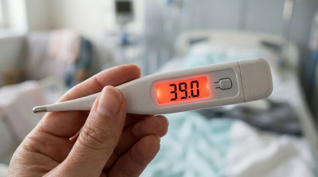 Person holding a digital thermometer showing a high temperature of 39.0 degrees Celsius