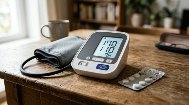 Digital blood pressure monitor with cuff and pills on a wooden table