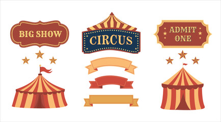 Vintage Circus Labels, Tickets and Tents vector Set in Retro style. Carnival themed vector in red and gold collection for posters, flyers, certificates and invitations © Pattern.dreamshop