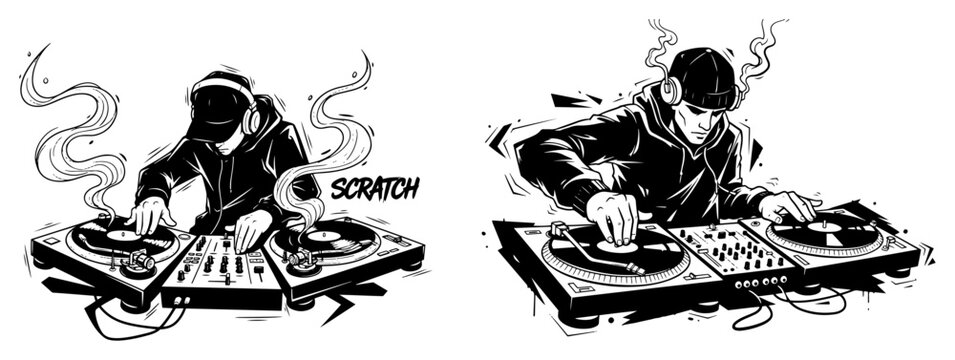 DJ scratching on vinyl turntable mixer at party in energetic hand drawn sketch style