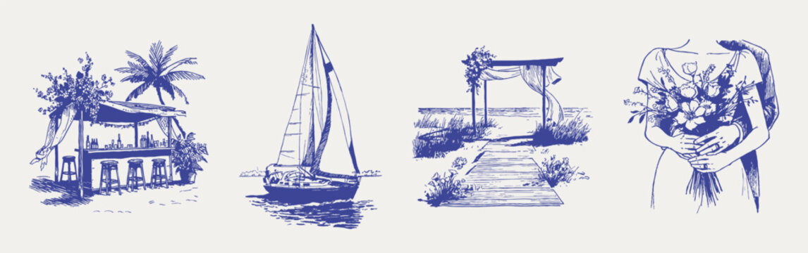 Coastal wedding scenes with bar sailboat arch bouquet sketch set. Illustrations for invitations and branding, hand drawn pencil style with airy line texture and light hatching.