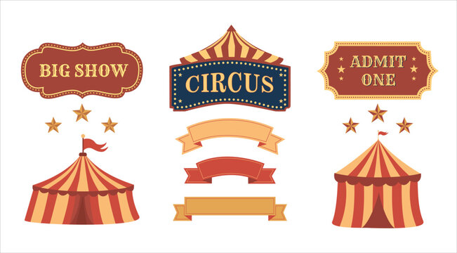 Vintage Circus Labels, Tickets and Tents vector Set in Retro style. Carnival themed vector in red and gold collection for posters, flyers, certificates and invitations