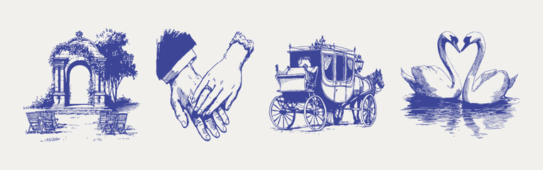 Naklejka premium Romantic wedding symbols arch hands carriage swans sketch set. Illustrations for invitations and storytelling, hand drawn pencil style with crisp line texture and gentle shading.