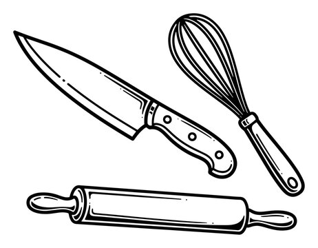 Kitchen utensils set with chef knife whisk and rolling pin in hand drawn graphic style