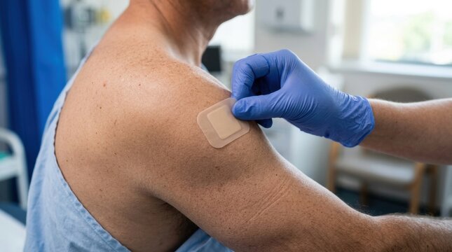 Healthcare professional applies a transdermal patch to a patient's shoulder in a clinic