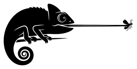 Chameleon catching an insect with long tongue in minimalist black and white vector style © Logan