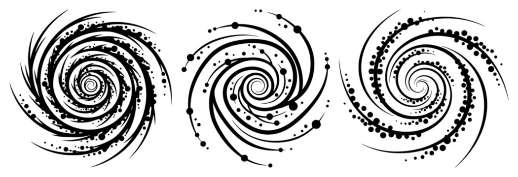 Three cosmic spiral galaxies with swirling stars and celestial energy in graphic vector style