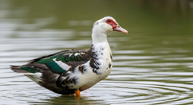Muscovy duck standing in shallow water, its white and black plumage detailed with green iridescence, looking right with red facial caruncles