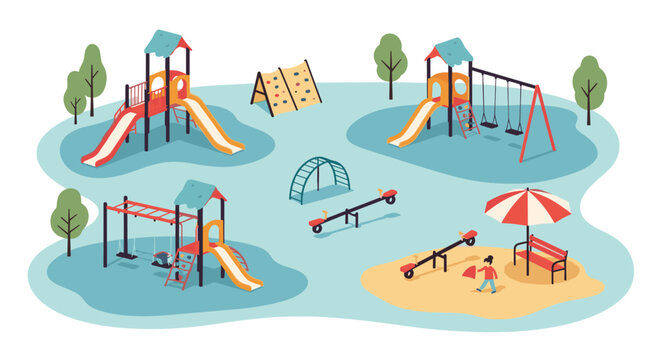 Modern children's playground layout including colorful slides, swings, seesaws, and climbing structures on a soft safety surface.