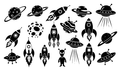 Space icons collection featuring rockets planets and UFOs in minimalist silhouette style © Logan