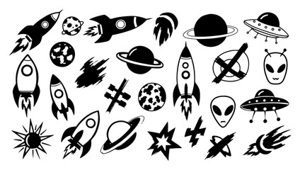 Outer space elements set with rockets planets and aliens in graphic silhouette style © Logan