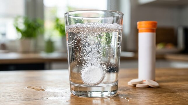 Effervescent tablet dissolving in a glass of water with a pill bottle nearby