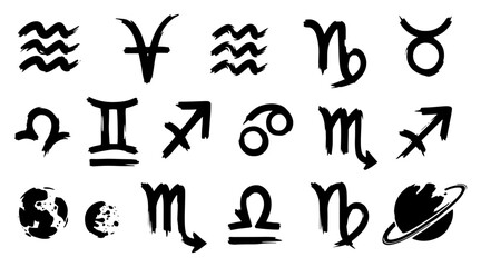 Zodiac signs and celestial symbols with earth moon and saturn in black brush stroke style © Logan