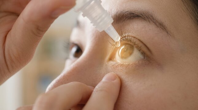Close-up of a person applying eye drops to their irritated or dry eye
