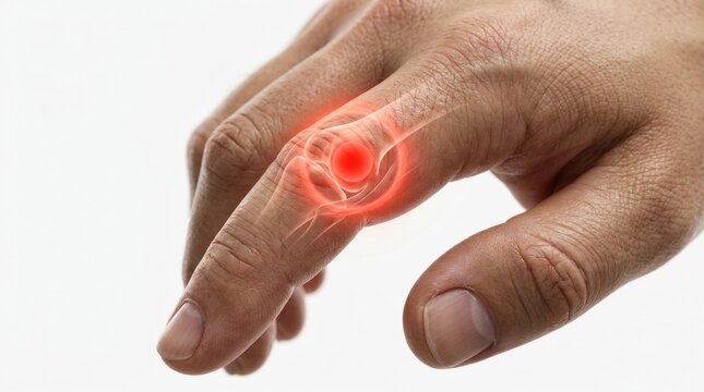 Close-up of a finger joint with inflammation highlighted in red