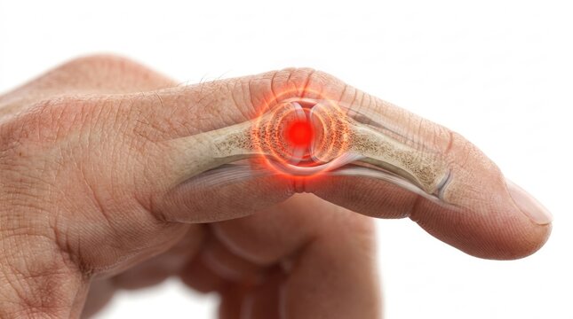 Close-up of a finger joint showing inflammation and pain signals