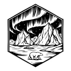Polar bear in arctic landscape with northern lights and mountains inside hexagonal frame vintage engraving style © Logan