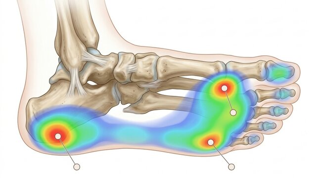 Foot pressure distribution map showing bone structure and heat zones