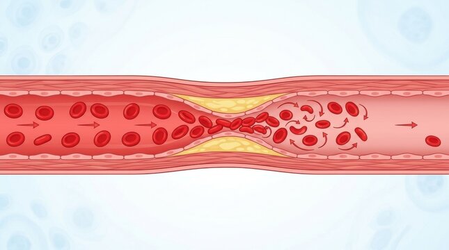 Cross-section of a blood vessel showing atherosclerosis and reduced blood flow