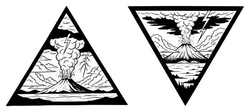 Volcano eruption with lightning and smoke clouds inside triangular frames geometric engraving style