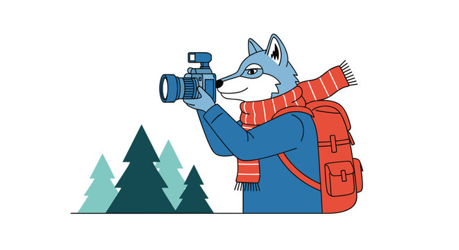Cheerful cartoon wolf character wearing a scarf and backpack while holding a camera to take photos in a pine forest.