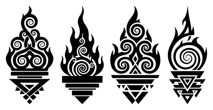 Stylized burning torches with swirling flames and geometric bases in graphic vector style