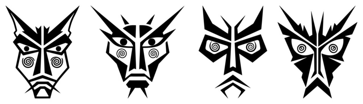 Tribal masks with sharp geometric features in black and white ethnic style