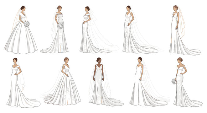 Set of beautiful brides wearing various styles of elegant white wedding dresses and veils for a bridal fashion collection.