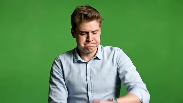 Young man male adult casual light blue button shirt sitting against green background with closed eyes lips pressed shrug gesture uncertain funny reaction sad bored thoughtful pose resting chin