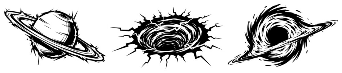 Planet Saturn and celestial black hole vortex set in hand drawn ink style © Logan