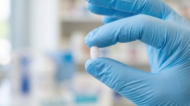 Close-up of a gloved hand holding a single white pill with a score line