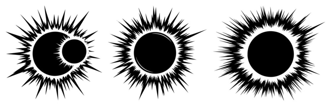 Solar eclipse phases with sun corona and solar flares in graphic ink style