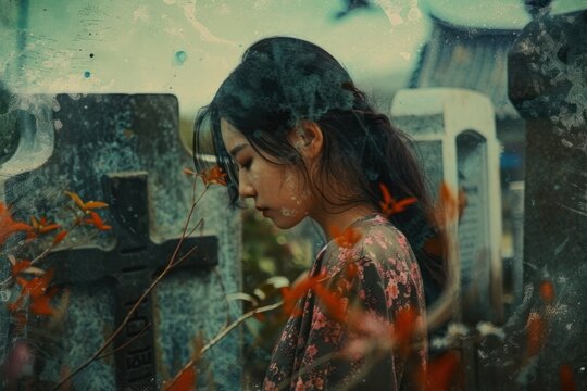 Young female crying at the grave contemplation hairstyle headshot.