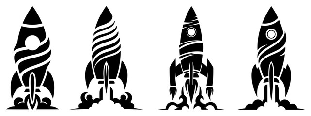 Rocket ship icons set with decorative patterns and blast smoke in flat silhouette style © Logan