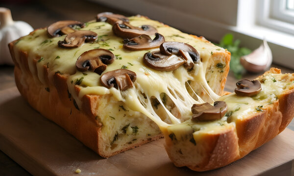 Pan de ajo casero relleno de queso fundido con champi&ntilde;ones salteados y perejil en tabla de madera