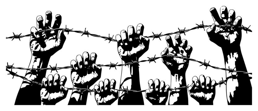 Silhouette hands reaching through barbed wire fence for freedom in high contrast black and white vector style