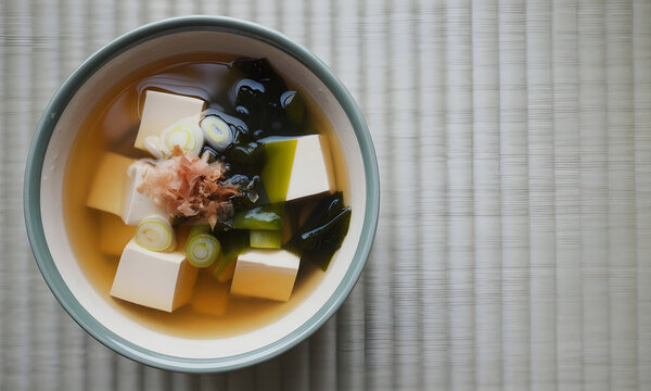 Sopa de miso tradicional japonesa con cubos de tofu, algas wakame y cebolleta en taz&oacute;n sobre esterilla de tatami