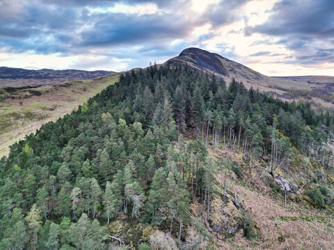April 19th, 2026. Aerial View of Balmaha Valley Glasgow Landscape During Sunset Time. The village is a popular tourist destination for picnickers and day trippers from Glasgow