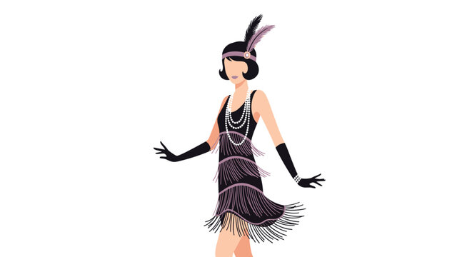 Elegant woman wearing a classic 1920s flapper dress with fringe pearls and a feather headband in a vintage style.