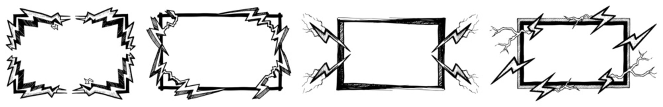 Lightning bolt rectangular frames with energetic zig zag lines in hand drawn sketch style