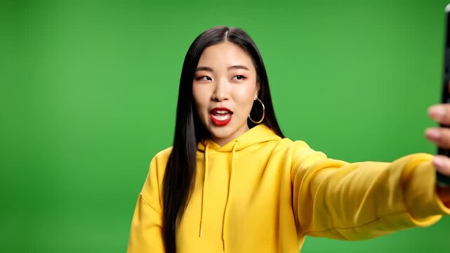 Young woman vlogger selfie on green screen in yellow hoodie, social media content creator and influencer using smartphone for video blog, cheerful asian online digital content and casual portrait