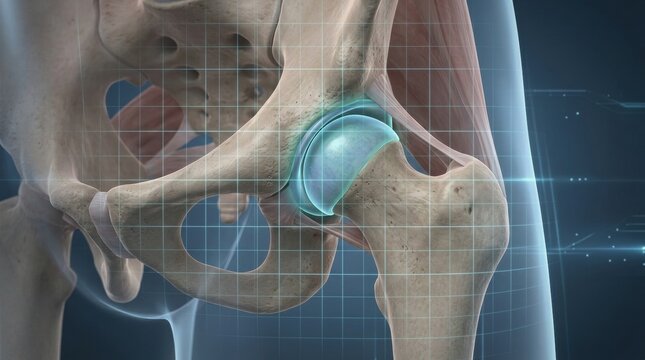 Detailed 3D rendering of the human hip joint anatomy with a grid overlay