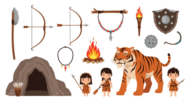 Prehistoric lifestyle collection featuring a cave, campfire, sabertooth tiger, tribal children, and various stone age tools.