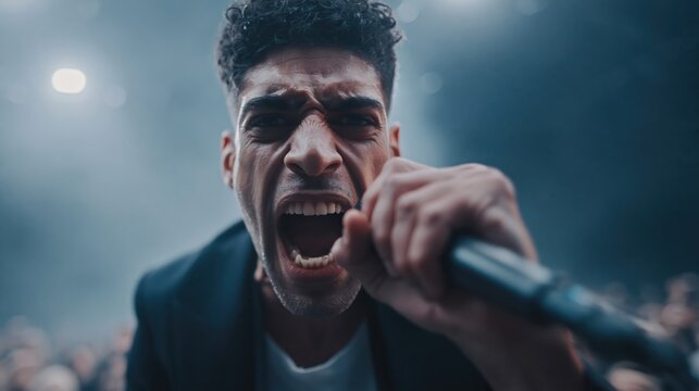 Passionate male singer performing live on stage with microphone