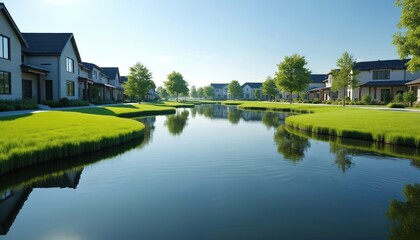 Fototapeta premium Modern suburban neighborhood with houses built around a calm water pond. Lush green lawns and trees create a peaceful environment. Clear blue sky reflects on the still water surface.
