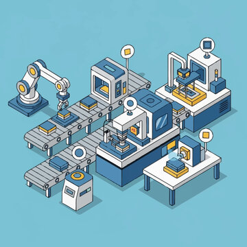 Industrial manufacturing process with robotic automation.