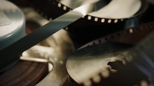 Vintage film and audio reels close up sliding camera motion stock footage